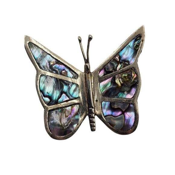 Vintage - Sterling Silver Mexico Butterfly Brooch Pin Abalone Inlay - Picture 2 of 9